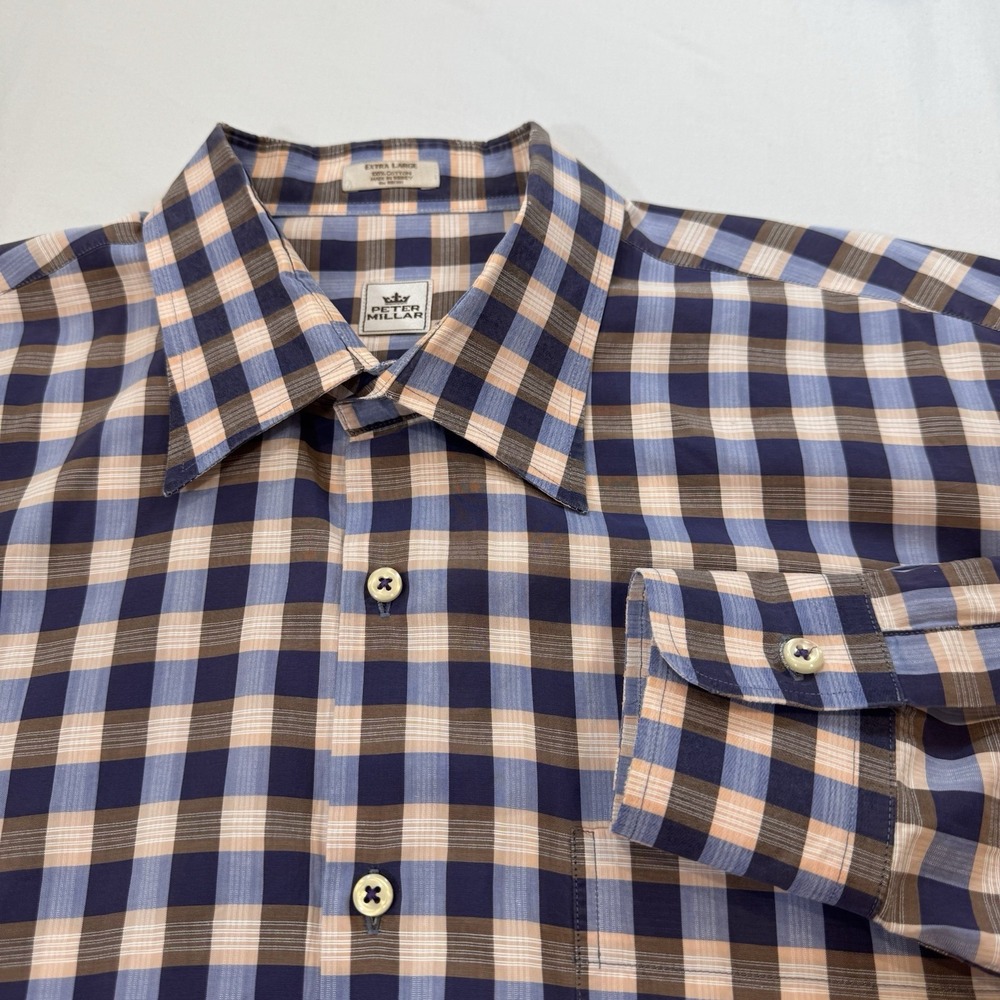 Peter Millar Mens XL Button Down Shirt Blue Brown Plaid Cotton Long Sleeve XL